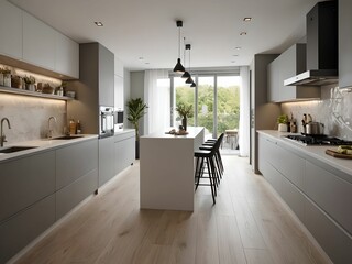 Wallpaper depicting a modern, very functional and spacious kitchen.