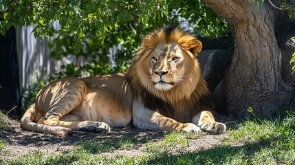Naklejka premium Majestic Lion Resting Under Summer Shade