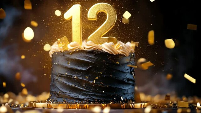 A decadent black cake celebrates its 12th anniversary with gold confetti.