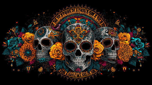 Vector Dia de Los Muertos, Day of the Dead or Mexico Halloween. The main symbols of the holiday on the dark background. Day of the dead.