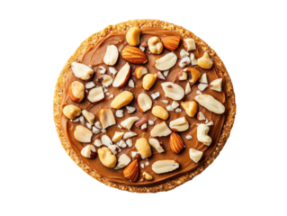 Delicious nutty dessert topped with creamy spread and crunchy nuts, cut out