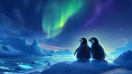 Cute penguin couple huddled together on an icy lake