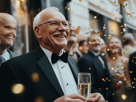 Senior man celebrating milestone with champagne and confetti, surrounded by joyful friends and family.