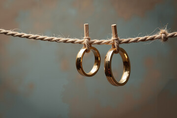 Vintage photo, two gold wedding rings hanging on a string, rustic textured background, top view, close-up.