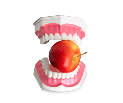 Artificial teeth biting apple. Concept of strong denture, healthy mouth, oral care, good dentistry, stomatology, vitamin food, whitening. Isolated on white background.