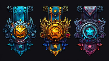 Set of Rewards icon for game interface. Cartoon achievement decoration for game: gold, silver, bronze. Vector illustration on white backgrounds.