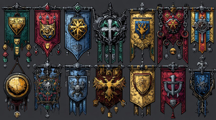 Obraz premium Game icons of medieval banner flags with symbols. Vector illustration.