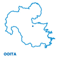 日本の大分県の単独の地図イラスト　都道府県別のネオン調の線画　県庁所在地