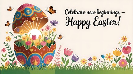  Easter egg cracked open revealing flowers, butterflies, and sunshine, Celebrate New Beginnings, Happy Easter web banner, created with generative ai