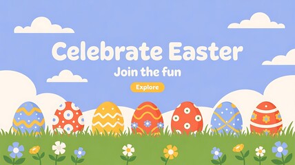 Fototapeta premium Happy Easter banner with rows of colorful easter eggs, A row of brightly decorated Easter eggs in a green meadow, Concept of joy and celebration, created with generative ai