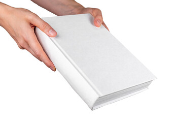Book in hand. Female giving clean hardcover hardback volume with blank cover and spine, mockup...