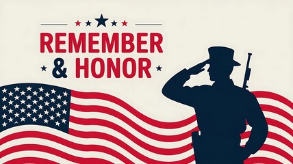 Happy Memorial Day Web Banner with abstract American flag waves and soldier, Memorial Day greeting card with remember and honor typography, created with generative ai