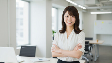 Fototapeta premium 白シャツで笑顔を見せるオフィスの日本人女性