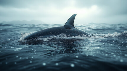 Fototapeta premium Incredible sight of a shark fin breaking the surface of the ocean under a cloudy sky wallpaper, background, generated AI 