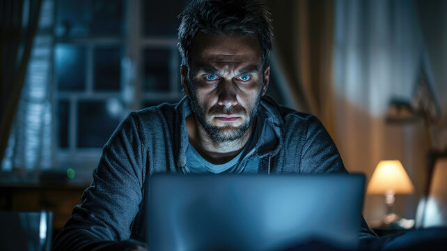 angry frustrated thin man sitting in dark room at laptop, cheater, incel, depressed person, stress, negative emotions, psychological problem, burnout at work