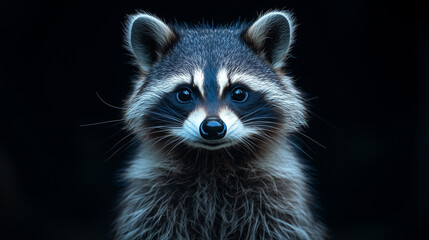 Fototapeta premium Cute raccoon with bright eyes and detailed fur standing against a dark background wallpaper, background, generated AI 