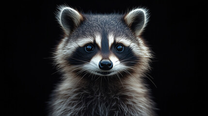 Fototapeta premium Close-up view of an adorable raccoon with bright eyes and bushy fur set against a dark background wallpaper, background, generated AI 