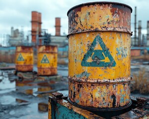 Rusty Toxic Waste Barrels at Abandoned Industrial Site