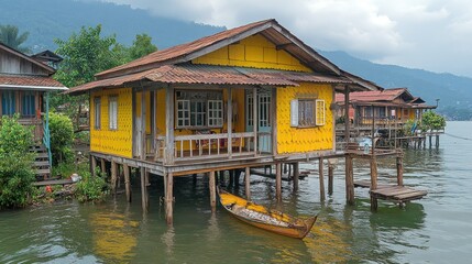 Vibrant Yellow Lake House in Tropical Setting