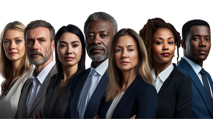 A successful business team, a business group photo, a colorful group photo of a cohesive team, diverse faces, a team workplace photo, a team of diverse talents, on a transparent backgrounds