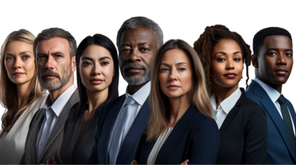 A successful business team, a business group photo, a colorful group photo of a cohesive team, diverse faces, a team workplace photo, a team of diverse talents, on a transparent backgrounds