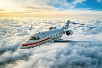 Private jet soars above the clouds at sunset.