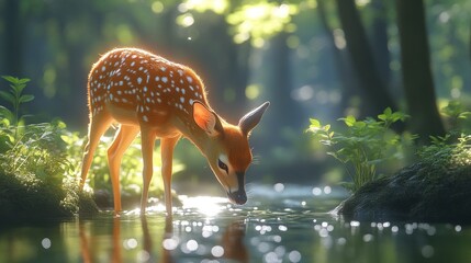 Charming Fawn Drinking Water in a Sunlit Forest Nature Photography Wildlife Scene Serene Mom