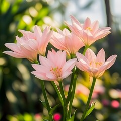 Naklejka premium Pink Rain Lilies Blooming in Sunlight Garden