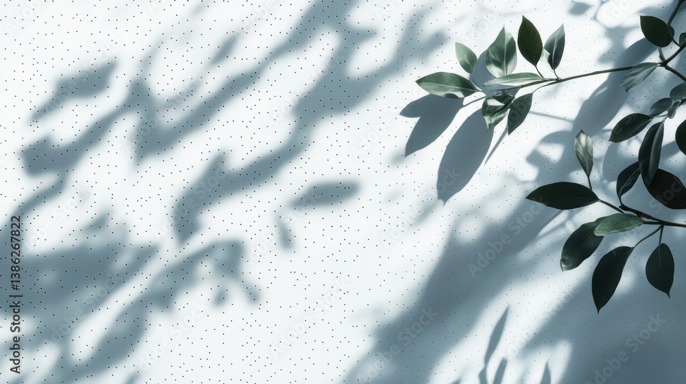 Leinwandbilder Shadow patterns from leaves cast on a textured white surface during daylight create a serene and calming effect in a minimalistic setting