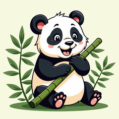 Cute panda bear happily eating bamboo surrounded by green leaves
