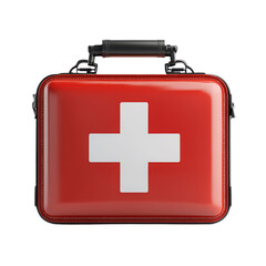 Obraz premium Red first aid kit with white cross symbol and black handle, isolated on transparent background in studio lighting