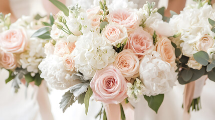 A romantic wedding bouquet with pastel pink roses, white peonies, and pale hydrangeas, tied with a satin ribbon, creating an elegant and timeless bridal arrangement.