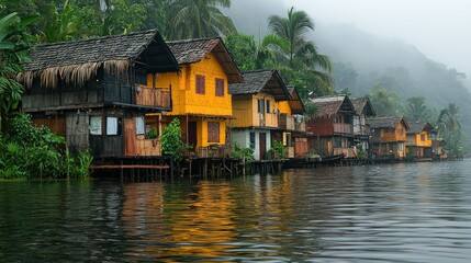 Obraz premium Misty Morning on the River: Colorful Houses on Stilts
