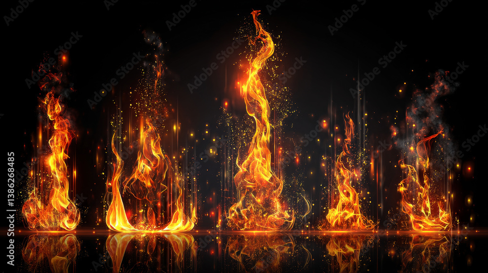 Poster set of realistic fire flames of various size with sparks on black transparent background isolated ve