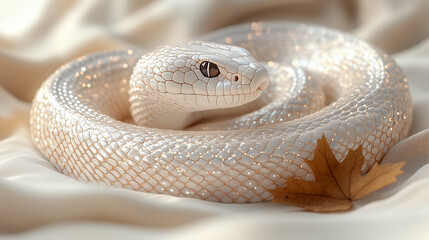 Fototapeta premium Unique white snake rests peacefully on soft fabric with autumn leaf wallpaper, background, generated by AI