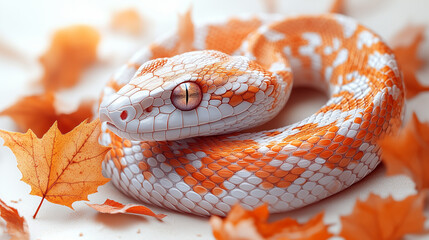 Fototapeta premium Colorful snake with orange and white scales resting among autumn leaves in a warm setting wallpaper, background, generated by AI