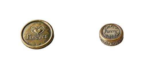 Brass engraved buttons featuring heart and floral designs with 'forever' text. Set png cut out