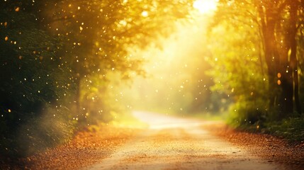 Autumn forest path bathed in golden sunlight. Stock photo