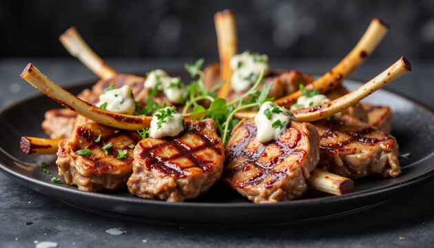 Grilled lamb chops with mint yogurt sauce on black plate, culinary delight