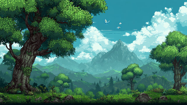 Illustration of a nature landscape ,with pixel trees and green hills, vector unending background with separated layers for game.