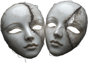 Two off-white masks, seemingly mended with wire, isolated on a transparent background.  A png image showcasing duality, vulnerability, or hidden identity.