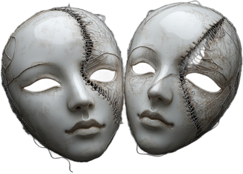 Two off-white masks, seemingly mended with wire, isolated on a transparent background.  A png image showcasing duality, vulnerability, or hidden identity.