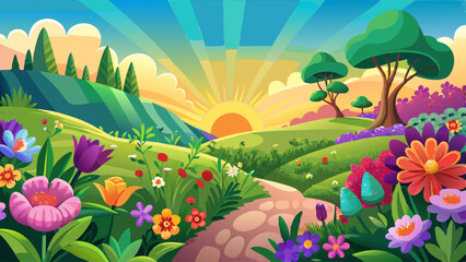Fototapeta premium Beautiful garden of colorful flowers on hill with sunrise in the