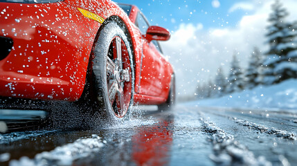 Red sports car driving on a snowy road, water splashing from tires. Winter driving scene