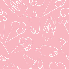 seamless pattern with a set of simple colored icons of various ice cream drawn with one contour in line art style on a pink background