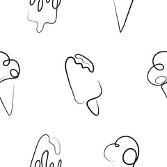pattern with a set of simple colored icons of various ice cream drawn with one outline in line art style