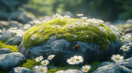 Enchanting Mossy Rock with Daisies and a Bee in a Serene Natural Setting