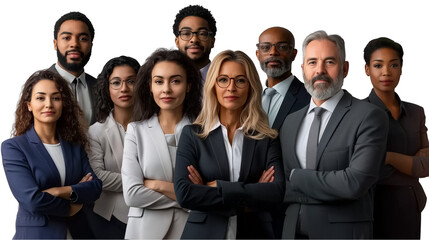 A successful business team, a business group photo, a colorful group photo of a cohesive team, diverse faces, a team workplace photo, a team of diverse talents, on a transparent backgrounds