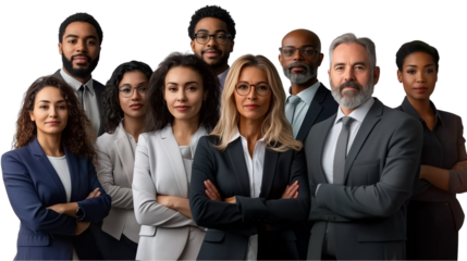 A successful business team, a business group photo, a colorful group photo of a cohesive team, diverse faces, a team workplace photo, a team of diverse talents, on a transparent backgrounds
