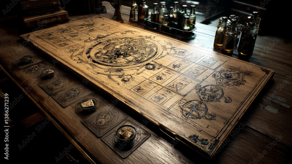 Aufkleber example of wooden board user interface of game. window champions for choice character. vector illust